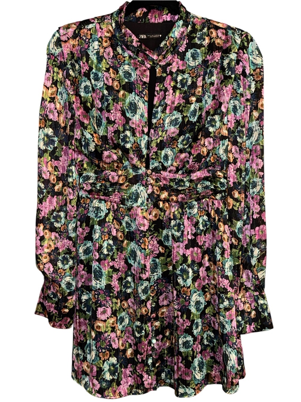 Zara Black Floral Long-Sleeve High Collar Metallic Thread Mini Dress Sz Small